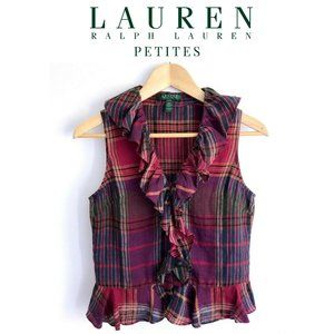LAUREN By RALPH LAUREN Linen Plaid Ruffle Tank PS